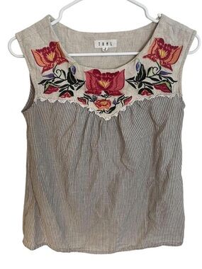 THML Beige Striped Sleeveless Top with Pink and Red Floral Embroidery